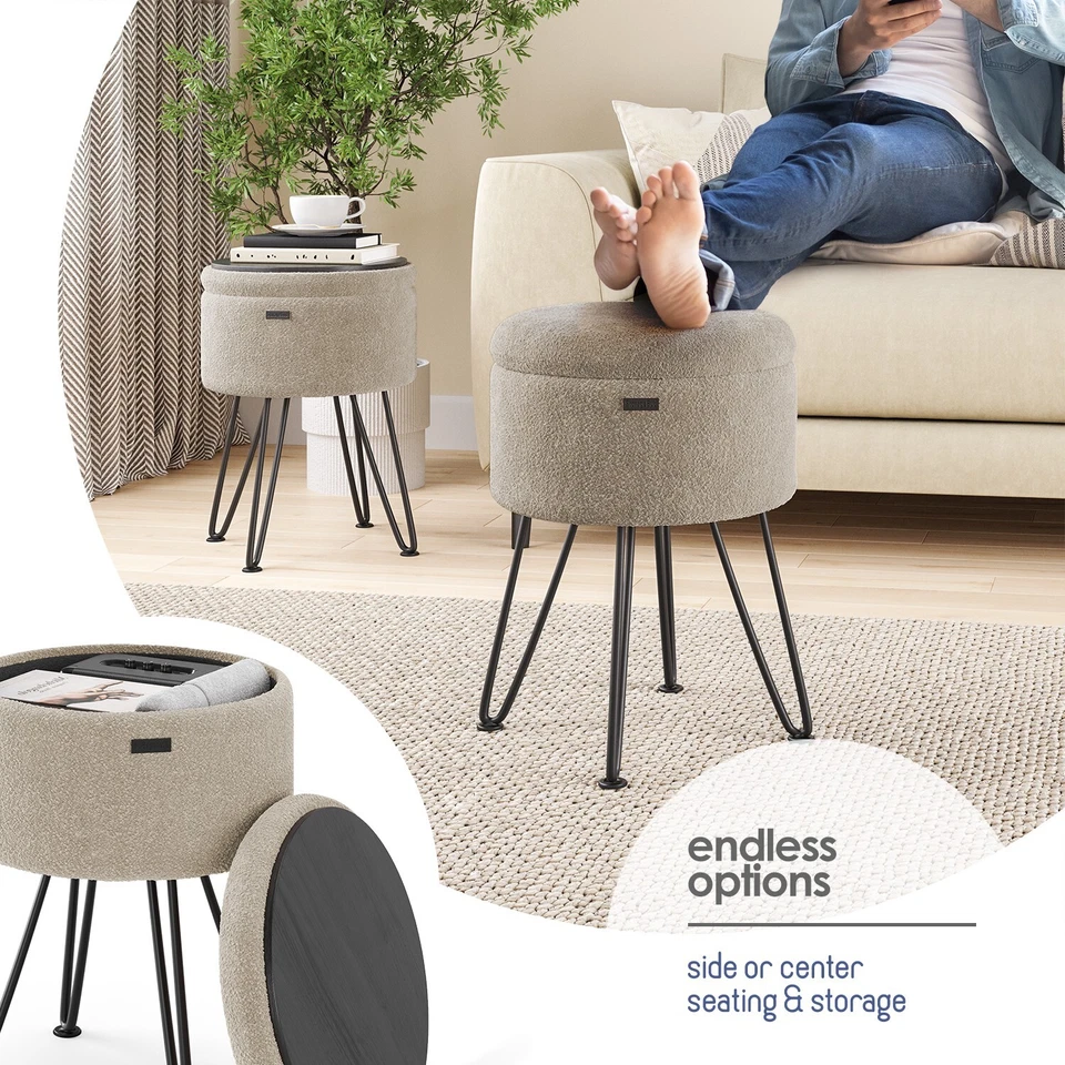 StorageBud Round Ottoman with Storage, Boucle Foot Stool, Vanity & Makeup Stool - Image 2 of 4