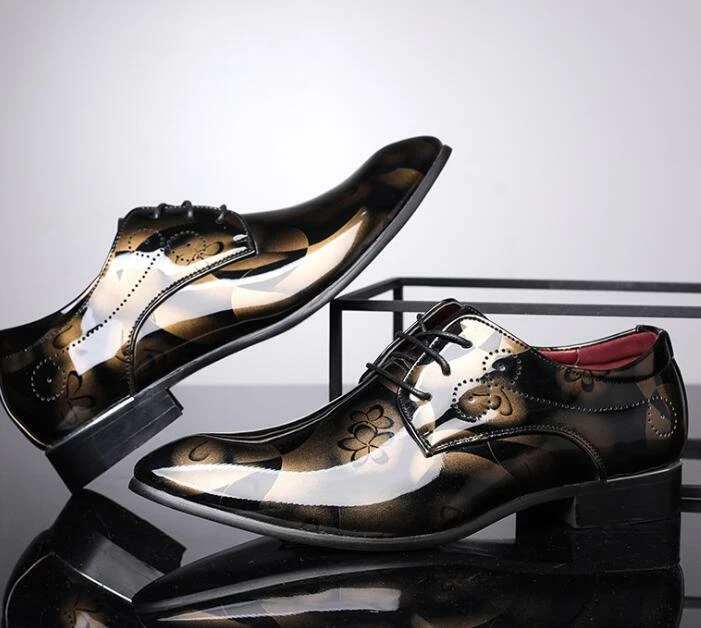 Sapatos masculinos de negócios novos sapatos formais de casamento de couro envernizado brilhante com cadarço tamanho - Imagem 3 de 4