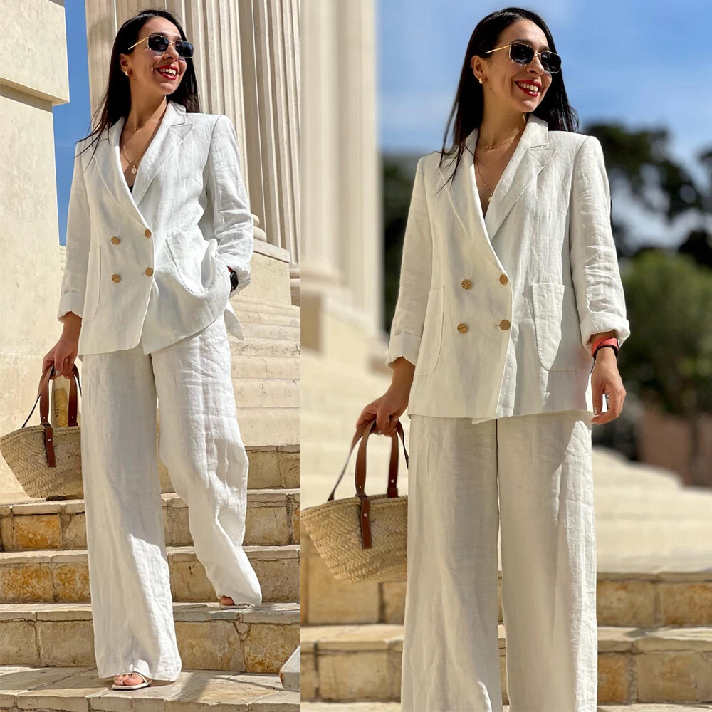 White Linen Women Suits 2 Pcs Double Breasted Peak Lapel Office Lady Outfits