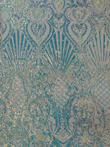 Sea Shell Damask Sequin - Aqua Blue Sequins 4 Way Stretch Mesh By Yard - Picture 2 of 4