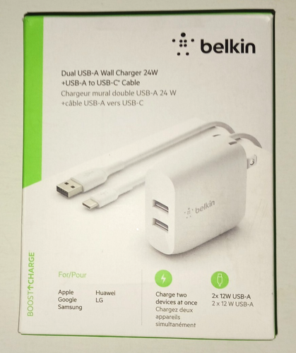 New Belkin Boost+Charge Dual USB-A Wall Charger 24W, 2.4 Amp•Foldable Plug