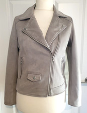 TU WOMAN DOVE GREY BIKER JACKET SIZE 10 SOFT FAUX SUEDE ZIP SUMMER