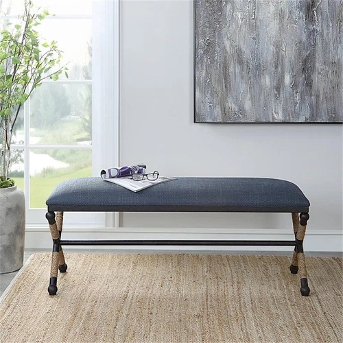 Uttermost Firth Coastal Iron MDF and Fabric Bench in Natural/Navy Blue - Picture 7 of 9