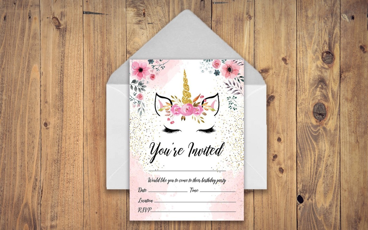 Unicorn Theme Birthday Party Invitations Kids Invites Children