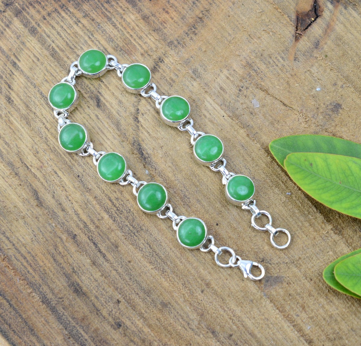 925 SOLID STERLING SILVER GREEN JADE BRACELET -7 INCH Y167 925 SOLID STERLING SILVER GREEN JADE BRACELET -7 INCH Y167