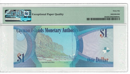Cayman Islands Low Serial# 303 $1 Dollar 2010 PICK# 38b PMG: 66 EPQ UNC.#PL1475 - Picture 2 of 2