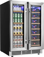 Wine and Beverage Refrigerator, 24 Inch Dual Zone Wine Cooler with Glass Door Ho