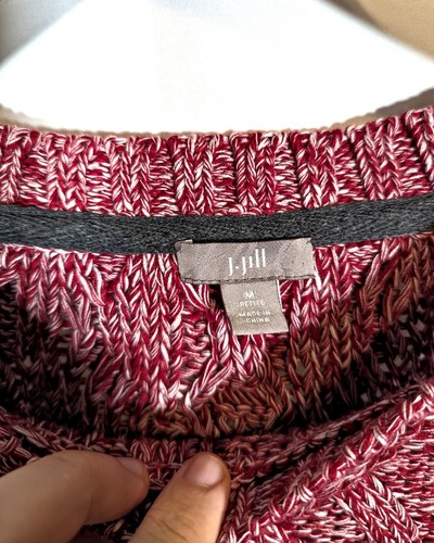 J. Jill Size M Marled Cotton Red White Cable Knit Cozy Sweater Fisherman Festive - Picture 7 of 8