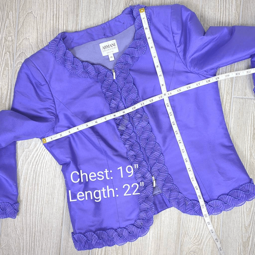 Armani Collezioni Womens Size 10 Zip Front 100% Silk Jacket Purple Ruffle Trim - Picture 12 of 12