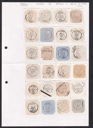 France collection of Paris Depart (departure) postmarks 1852-1910 on 3 pages