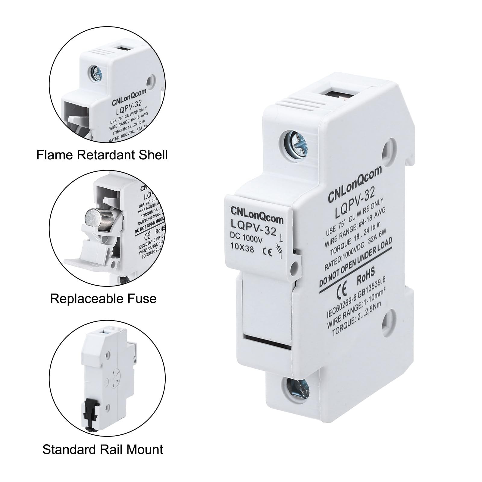 2PCS Solar Fuse Holder with 2 Fuse Core, DC 1000V 30A Single Pole 10x38mm DIN...