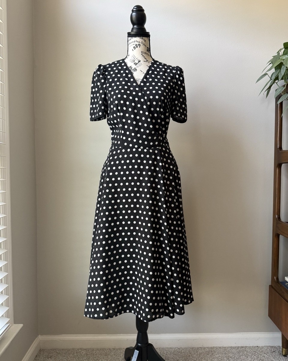 The Pretty Dress Company Retro Black White Polka Dot Wrap Dress, UK8/US4  Small