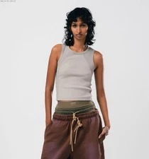 CHNGE Women's Wave Blocked Sleeveless Round Neck Ribbed Racer Tank Top, Gray, XL