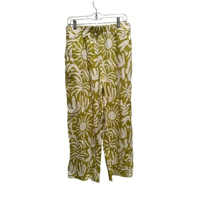 Christian Siriano Green Abstract Sun Linen Blend Wide Leg Pants Large Boho