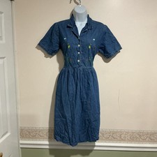 Vintage Premier International Denim Floral Embroidered Midi Dress Teacher M