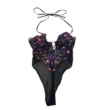 Savage X Fenty Floral Lace Bodysuit Black Multicolor Sheer Halter Small NWT