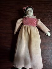 Vtg Doll Porcelain Head Hands Feet red dotted dress white hat apron bloomers