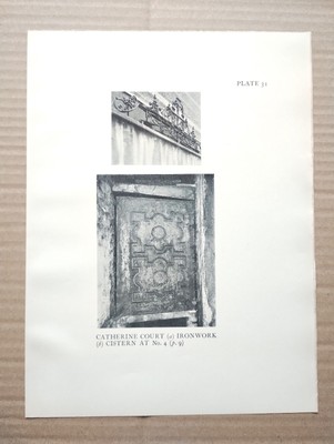 Ironwork and Cistern at Catherine Court, Tower Hill - Antique Print - 1934