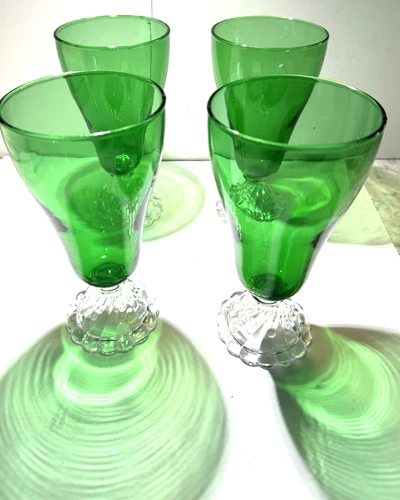 Set of 4 Fostoria Glass Colonial Dame Green Water Goblets   Stem Vintage 6 3/8”
