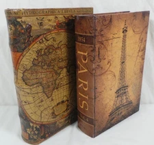 WOOD FAUX LEATHER BOUND BOOKS SECRET STORAGE BOX SET OF 2