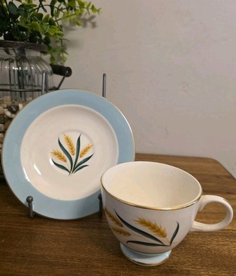 12pc Vtg International D.S. Co Alliance OH Blue Viking Wheat 6 Cup,Saucer Sets 
