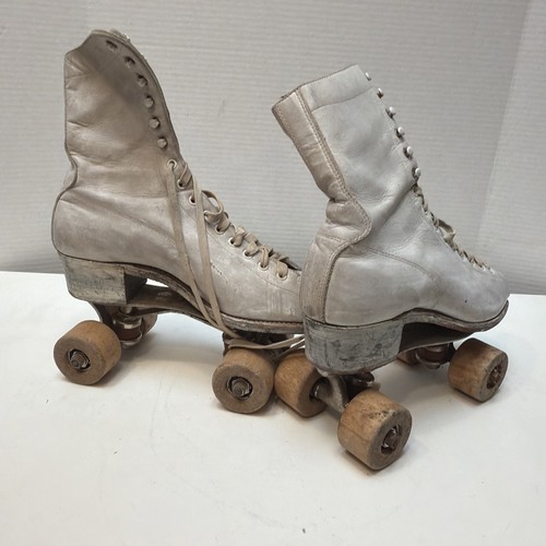 1950s Antique Vintage Hyde Athletic Shoe Roller Skates Chicago Wood Wheels Sz 4