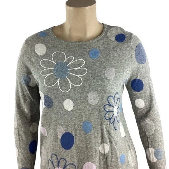 J.Jill Gray Cotton Floral Polka Dot Pullover Sweater Size L - Image 2 of 4