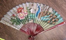 Vintage Large Asian Japanese Wall Art Fan Birds Floral  40” x 24”