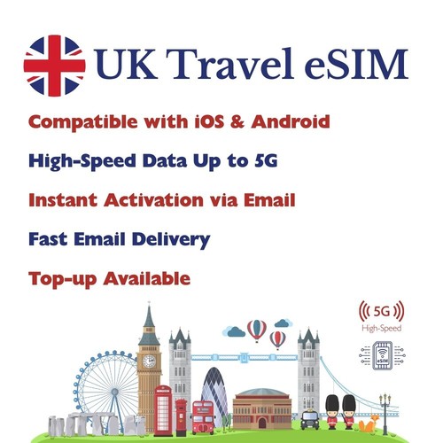 UK travel eSIM | Fonctionne sur iPhone et Android | Configuration facile | Activation instantanée