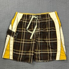 Vintage OP Ocean Pacific Board Shorts Men Large Brown Yellow Plaid Surf Swim