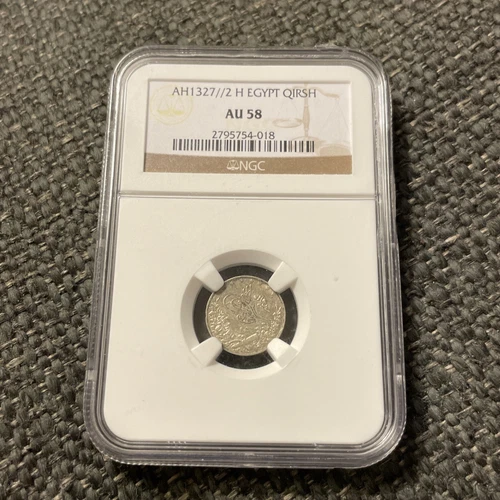 EGYPT , SILVER 1 QIRSH SULTAN MOHAMED V AH 1327/2 H NGC AU58