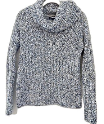 Lands End Women’s Chunky Knit Blue Cream Turtleneck Sweater Size S EUC 
