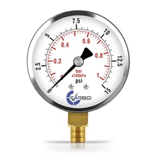 2-1/2" Pressure Gauge - Chrome Plated Steel Case, 1/4"NPT, Lower Mnt. 15 PSI