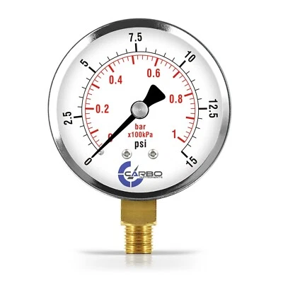 CARBO INSTRUMENTS 2-1/2" Pressure Gauge - Chrome Plated Steel Case, 1/4"NPT, Lower Mnt. 15 PSI