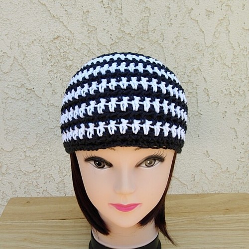 Off Black and White Striped 100% Cotton Crochet Knit Hat Summer Women's Beanie - Picture 2 of 7