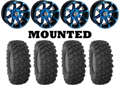 Kit 4 System 3 XTR370 Tires 27x9-14 on Moose 387X Blue Wheels 1KXP