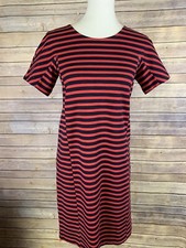 J Crew Small Striped Dress Sheath Short Sleeve Red Blue Zip Back Stretchy