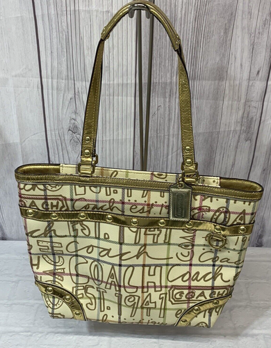 Coach Shoulder Coated Tote Handbag L0868 Gold Graffiti Leather Trim
