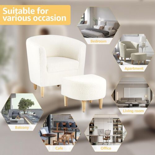 Sherpa Accent Chair With Ottoman Teddy Velvet Upholstered Barrel Armchair Sofa - Picture 5 of 16