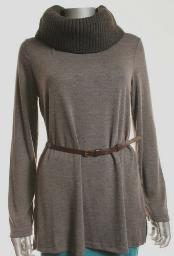 Debbie Morgan Women's Knit Top Cowl Neck Sweater Heather Charcoal Belted XL NWT