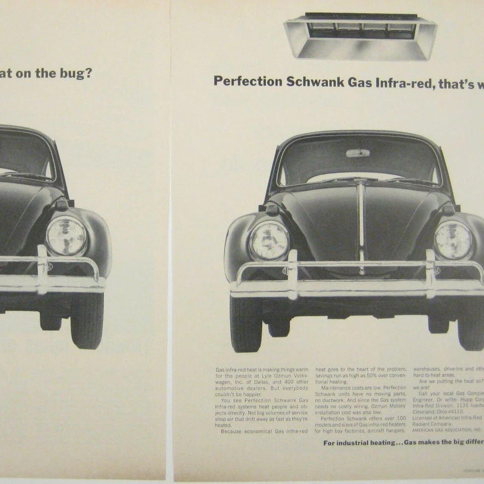 Винтажный газовый инфракрасный обогреватель Schwank 2 страницы печатная реклама 1960-е VW Bug Beatle - Изображение 2 из 2