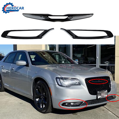 3Pcs Black Front Grille Emblem Fog Light Decor Cover Trim For Chrysler 300 2015+