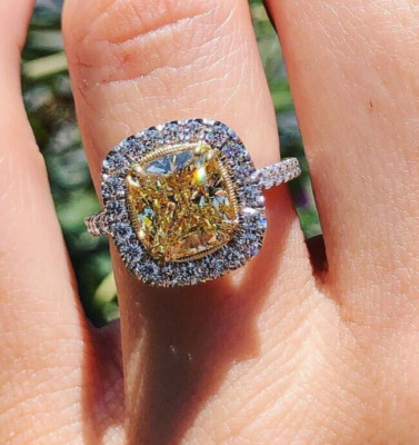 Yellow Cushion Cut Cubic Zirconia Halo Party Wear Gift 925 Sterling Silver Ring