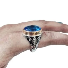 NATURAL BLUE TOPAZ NOVEMBER BIRTHSTONE 925 STERLING SILVER HEAVY MENS RING