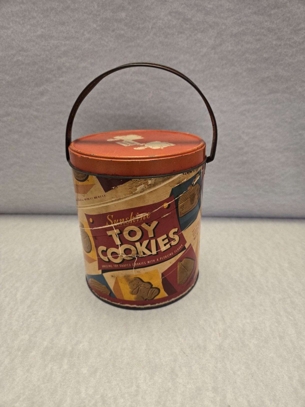 Vintage Tin Sunshine Toy Cookies Tin with Cardboard Tin Metal Lid