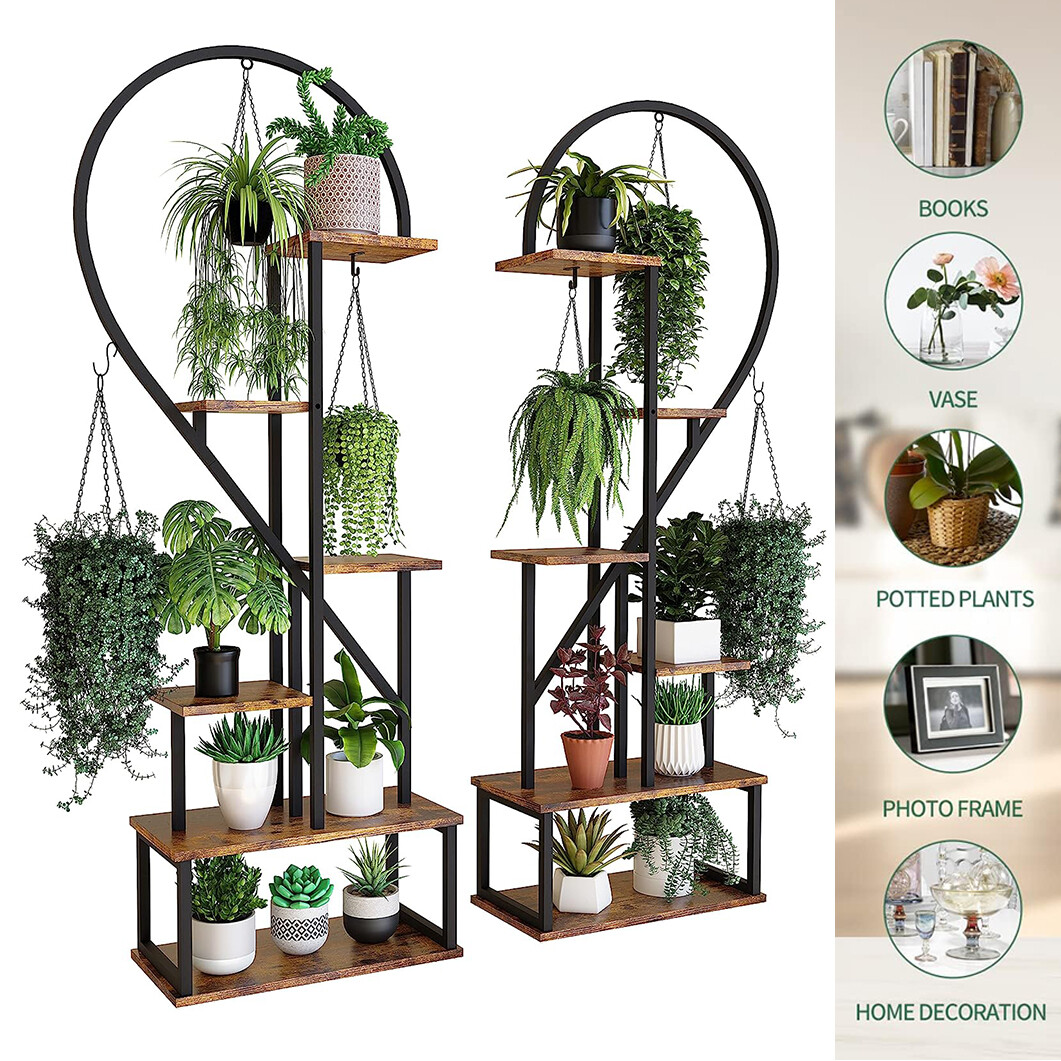 6 Tier X-Tall Metal Plant Stand Half Heart Shape Ladder Planter Hanging Baskets