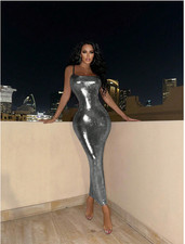 Silver Allurite Slim Fit Strappy Dress Maxi Women Outfit Sz XS S M L