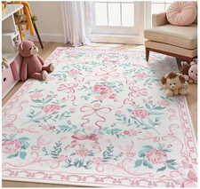 Alfombra rosa floral 150x210cm lavable antideslizante para dormitorio infantil