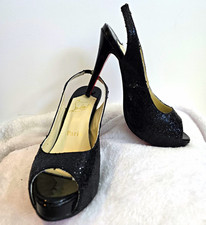 Christian Louboutin Black Glitter Patent Leather Slingback Peep Toe US 6