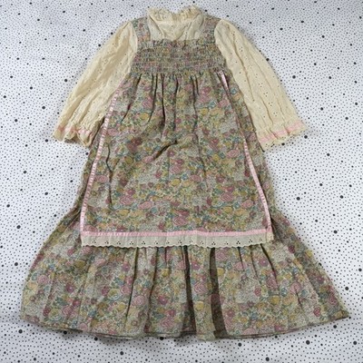 Vintage 1970s Little Star Prairie Dress Girl's 4T Beige Pink Floral Long Sleeve